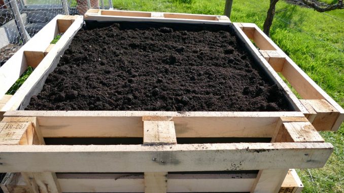 The raised bed is filled up top with earth